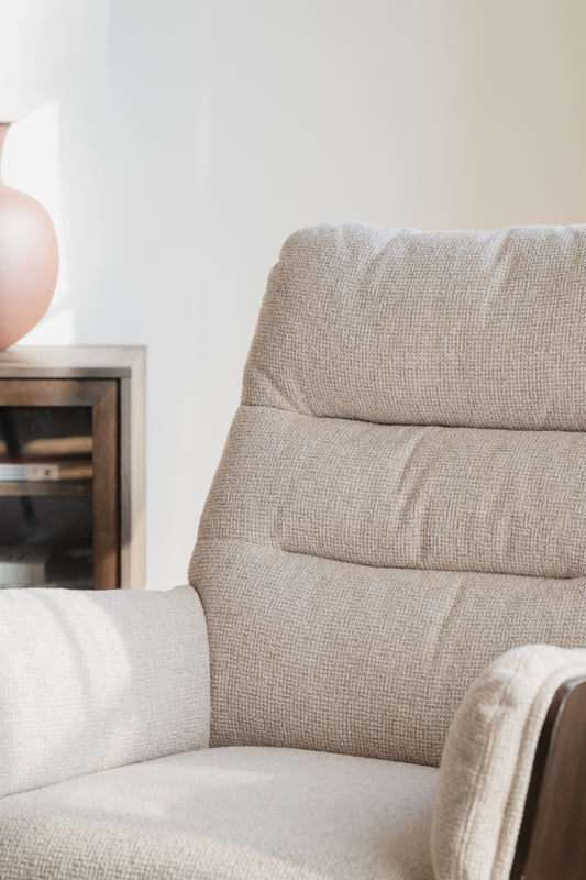 Broderick Swivel Recliner with Footstool – Light Beige / Brown Oak – 3