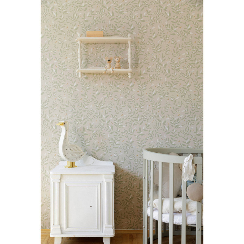 Delicate Twigs with Green and Beige Wallpaper