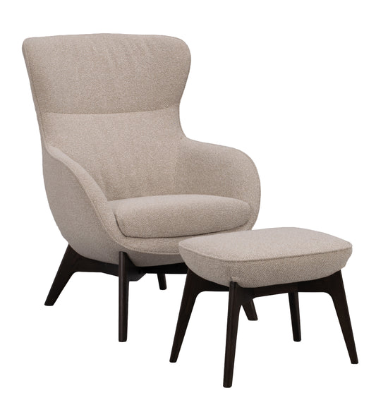 Dunbrody Lounge Chair with Footstool – Light Beige Fabric / Brown Oak