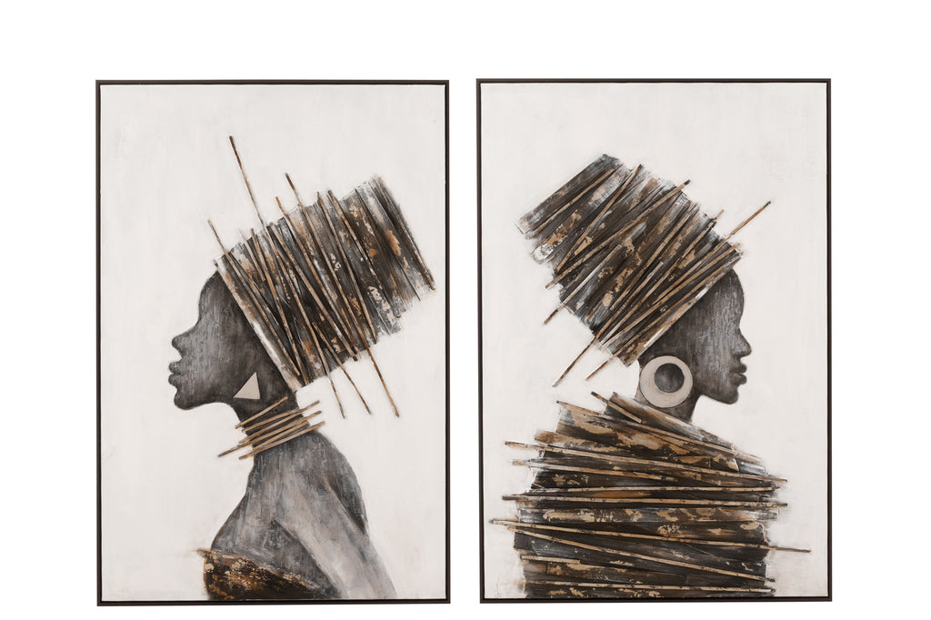 Painting African Woman Wood/Canvas Brown/Grey Set of 2