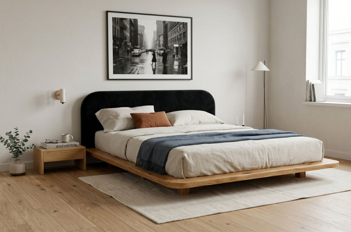 BORA Oak Floating Bed with Upholstered Headboard