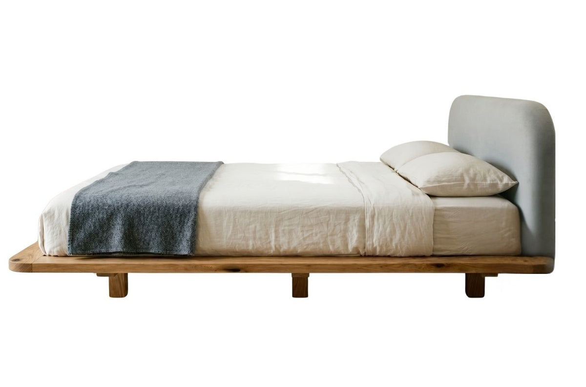 BORA Oak Floating Bed with Upholstered Headboard