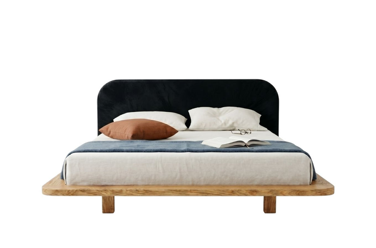 BORA Oak Floating Bed with Upholstered Headboard