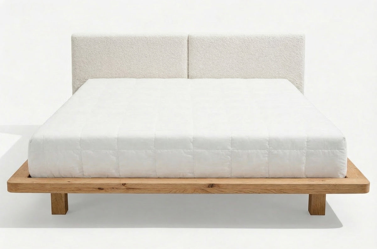 HVAR Oak Floating Bed with Bouclé Headboard