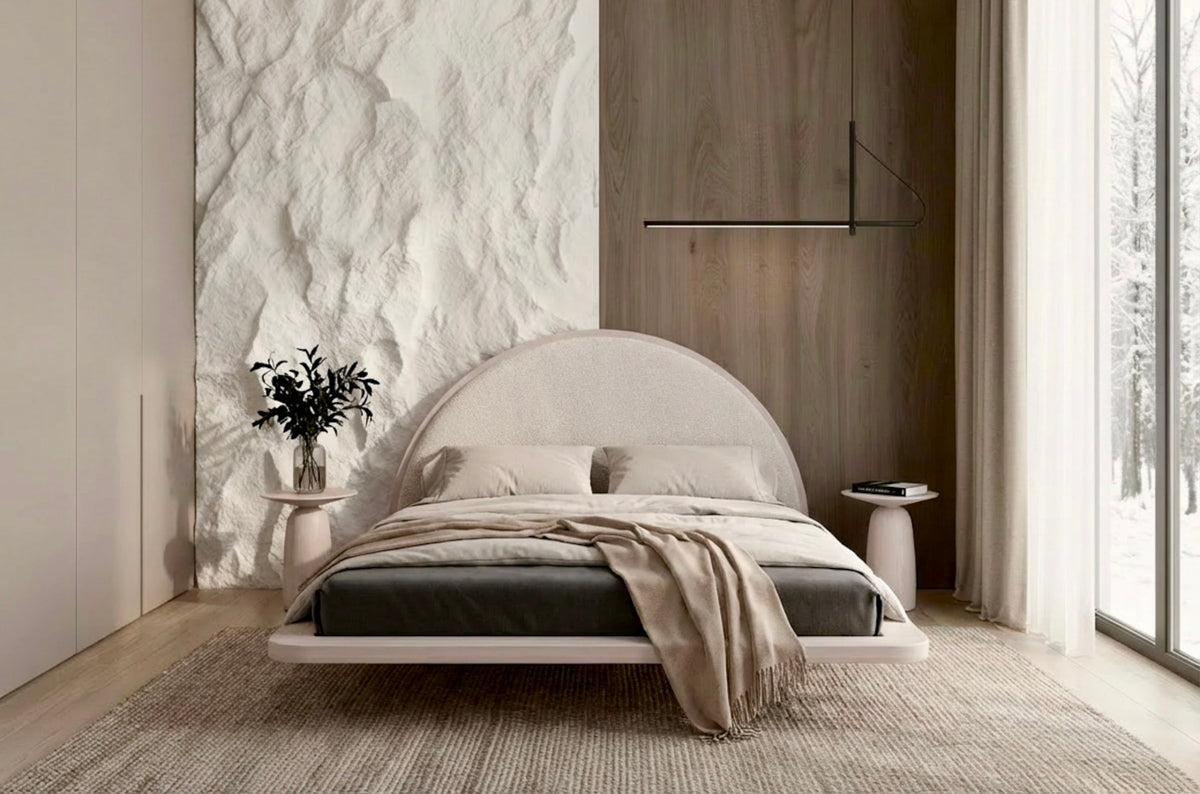 MOMOKO Beech Floating Bed with Bouclé Headboard