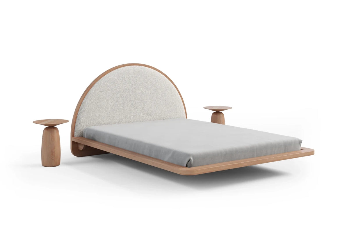 MOMOKO Beech Floating Bed with Bouclé Headboard