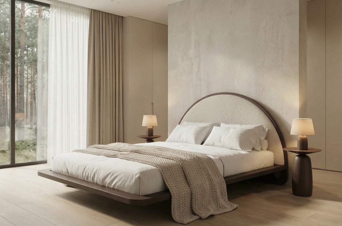 MOMOKO Beech Floating Bed with Bouclé Headboard