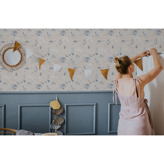 BLUE & White Beige Fish Wallpaper 50x280CM