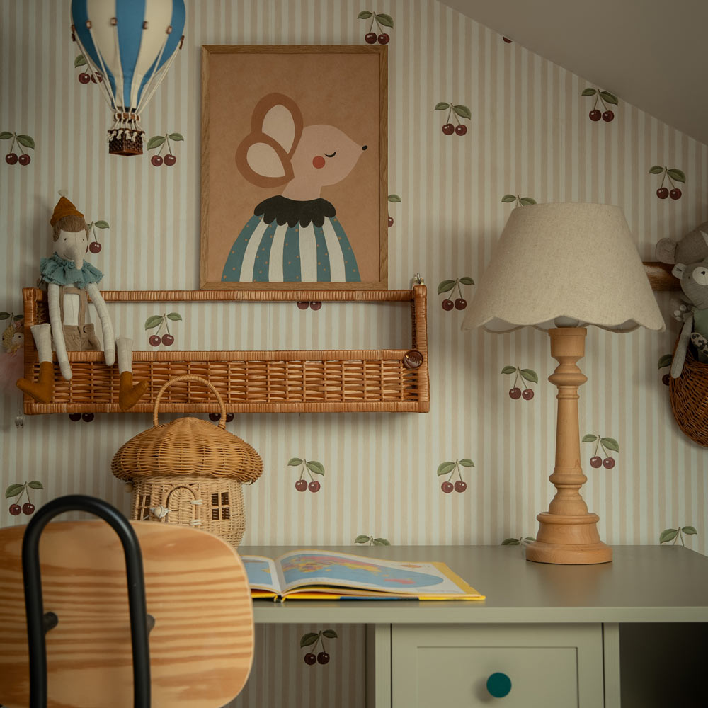 Little Cherries on Beige Stripes Wallpaper