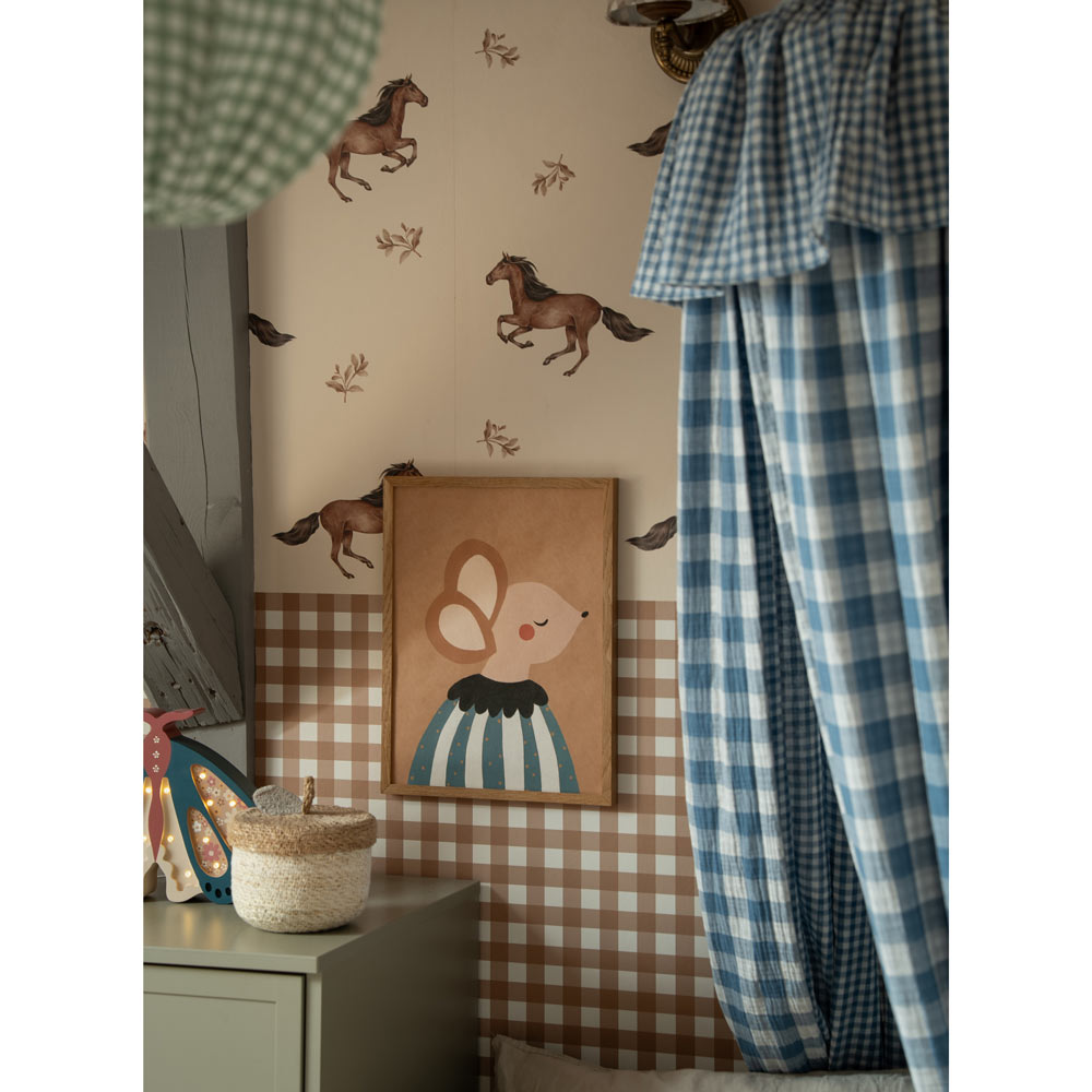 Horses And Check Brown Wallpaper