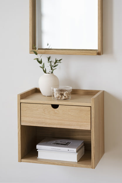 Hillmond Wall-Mounted Bedside Table – Oak – room setting