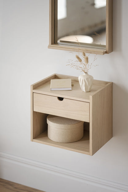 Hillmond Wall-Mounted Bedside Table – Whitewash Oak – room setting