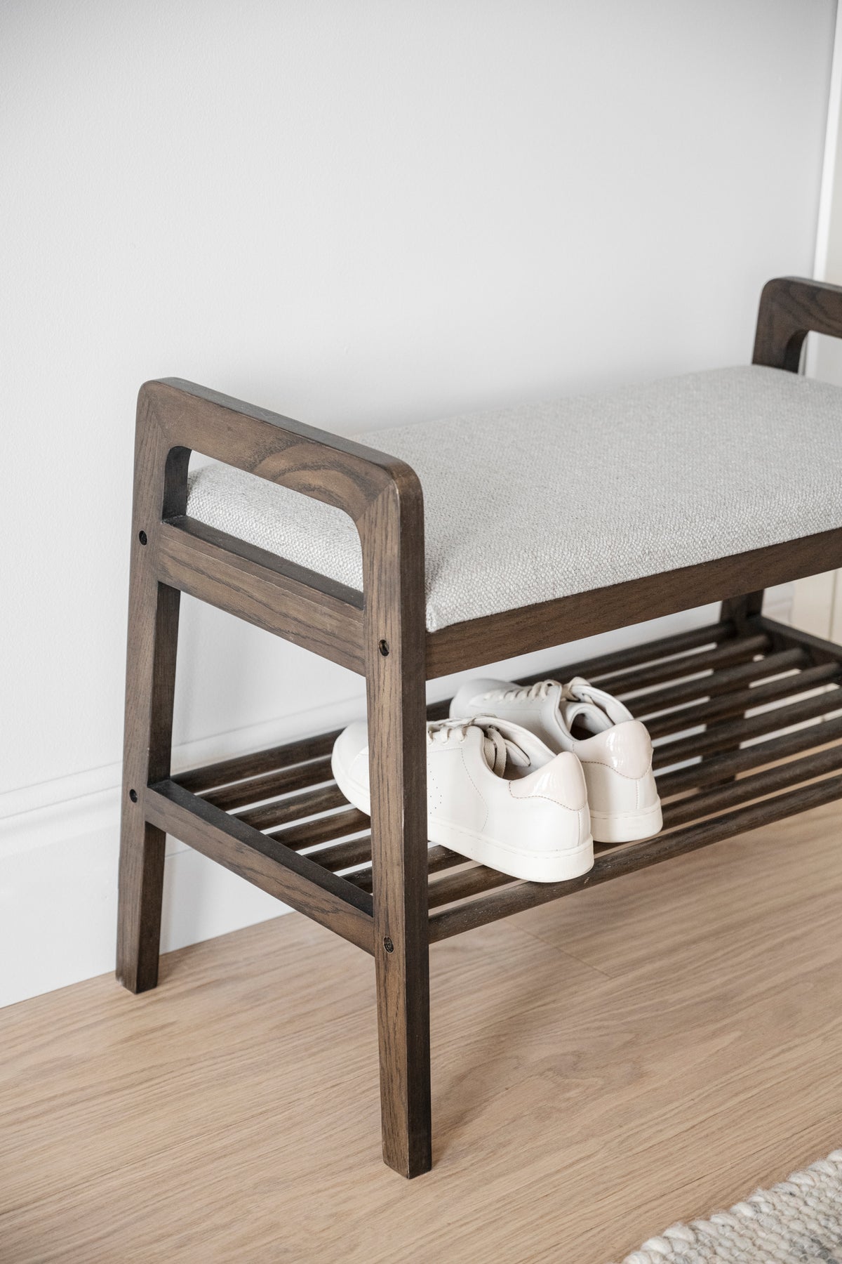Inverness Hallway Bench with Shoe Shelf 75 cm – Brown Oak / Beige – room setting