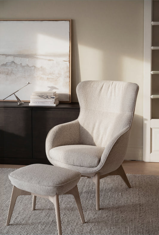 Dunbrody Lounge Chair with Footstool – Light Beige Fabric / Whitewash Oak – 2