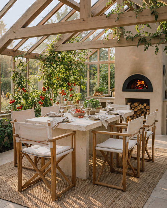 Kryss dining chairs around a teak table on a patio