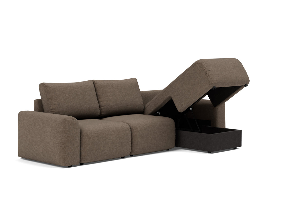 NORUM Sofa Bed with Chaise Chunky Arms, bedding box open