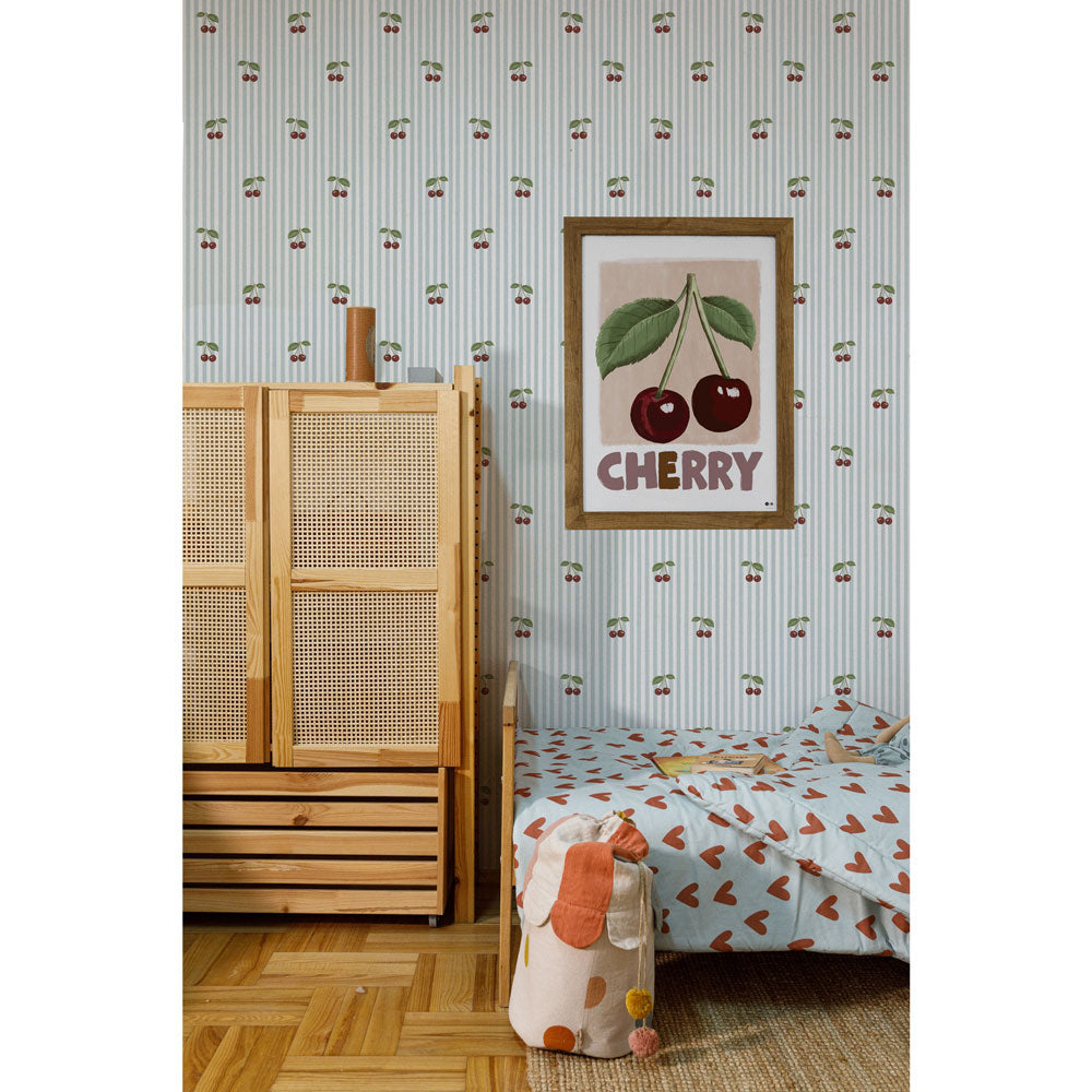 Little Cherries on Blue Stripes Wallpaper