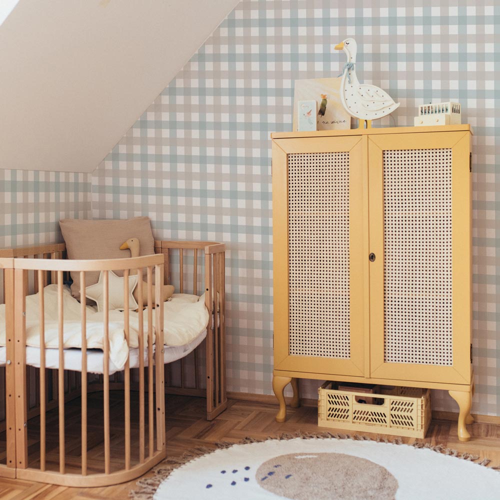 Provence check beige blue small Wallpaper