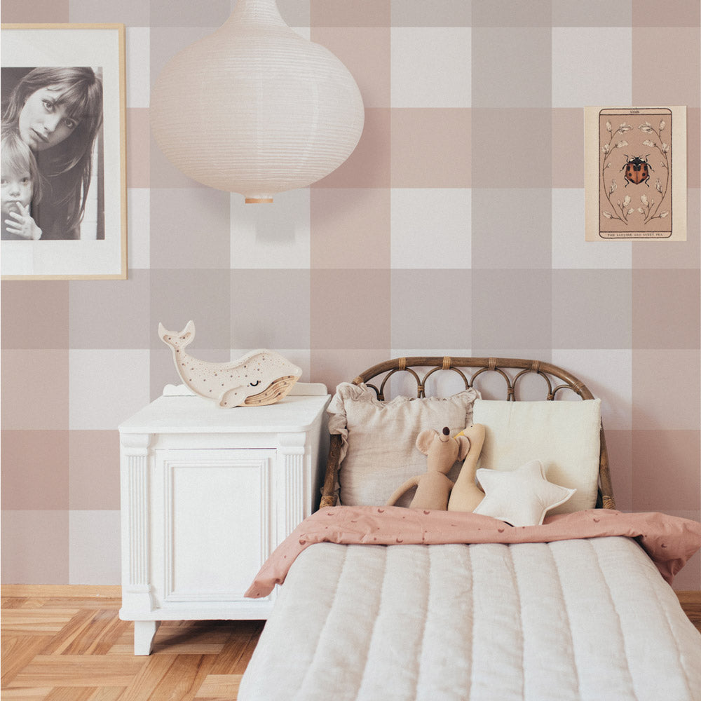 Provence check beige pink big Wallpaper