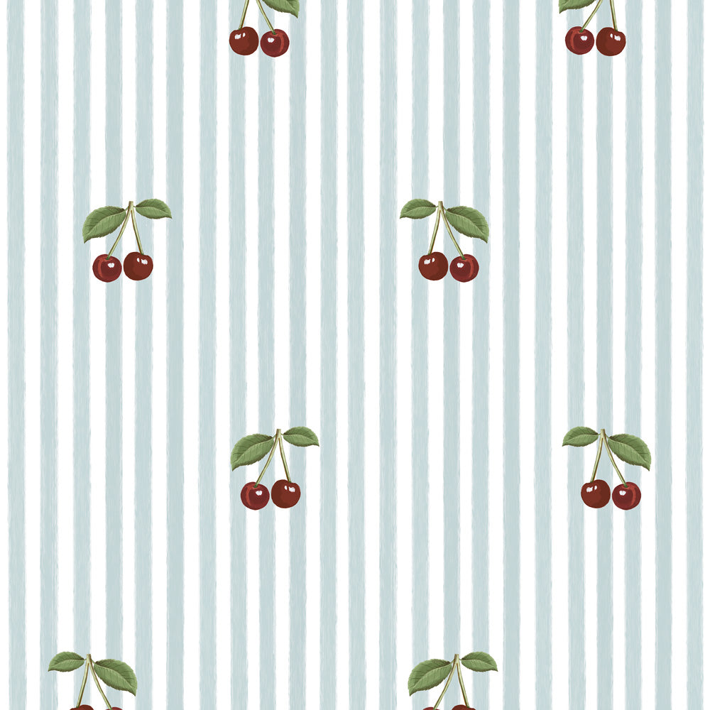 Little Cherries on Blue Stripes Wallpaper