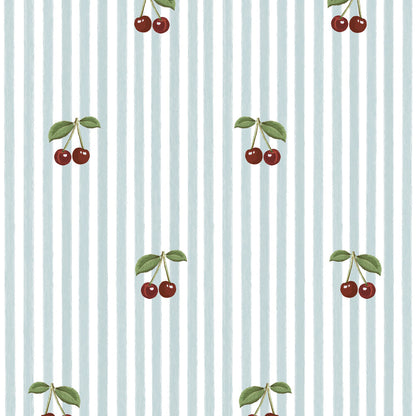 Little Cherries on Blue Stripes Wallpaper