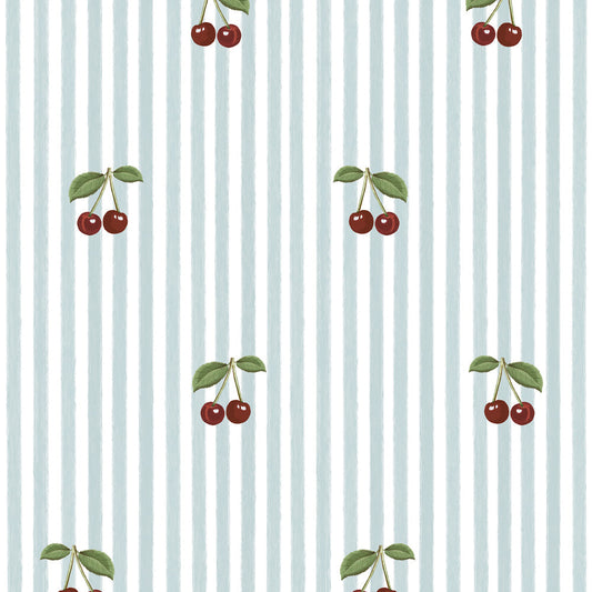 Little Cherries on Blue Stripes Wallpaper