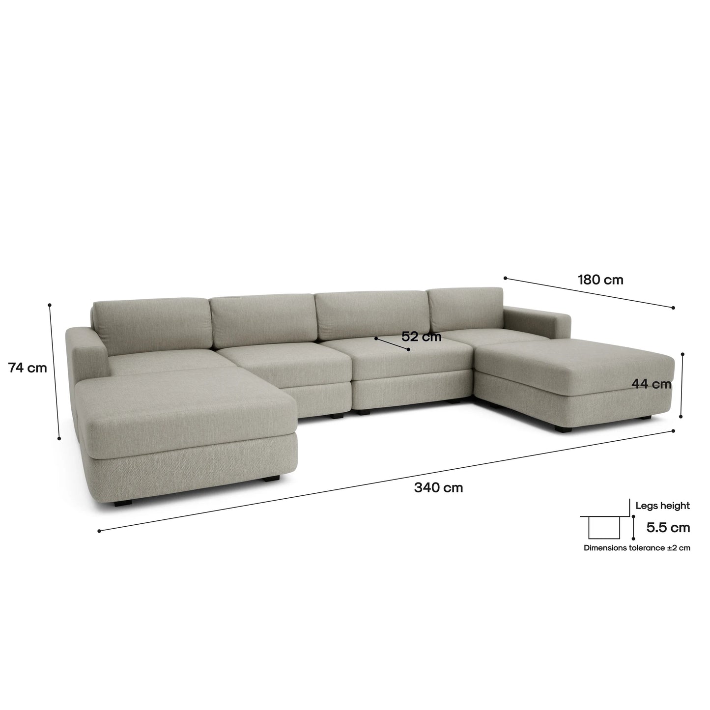 Modular Sofa GRACIA - U-shaped 180 x 340 x 180 cm - Beige Grey