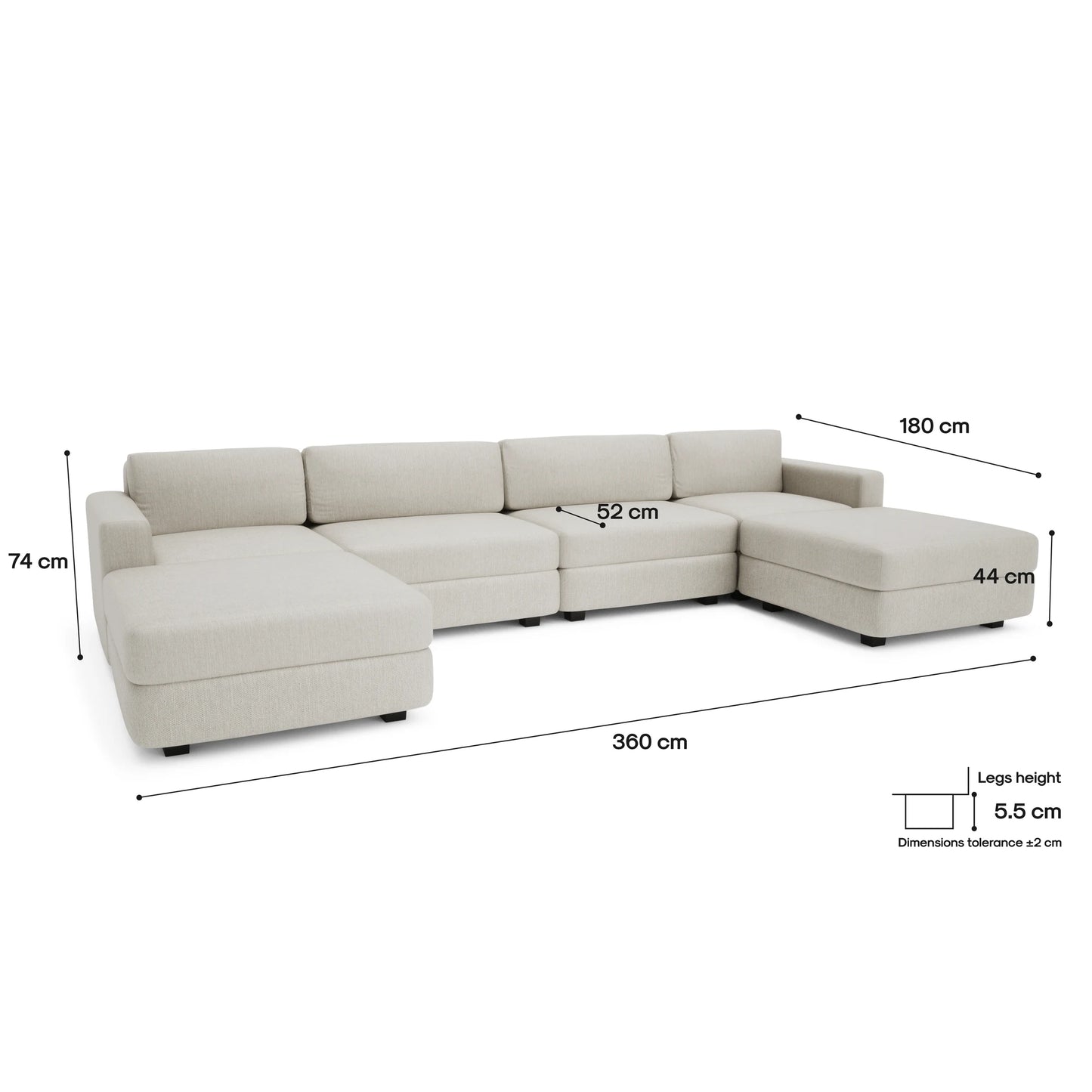 Modular Sofa GRACIA - U-shaped 180 x 360 x 180 cm - Cream Beige