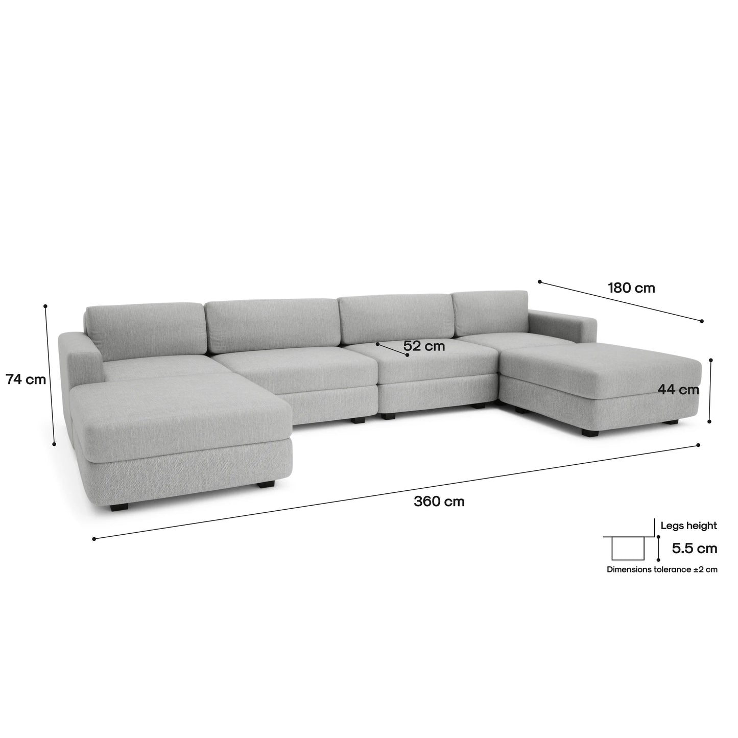 Modular Sofa GRACIA - U-shaped 180 x 360 x 180 cm - Grey