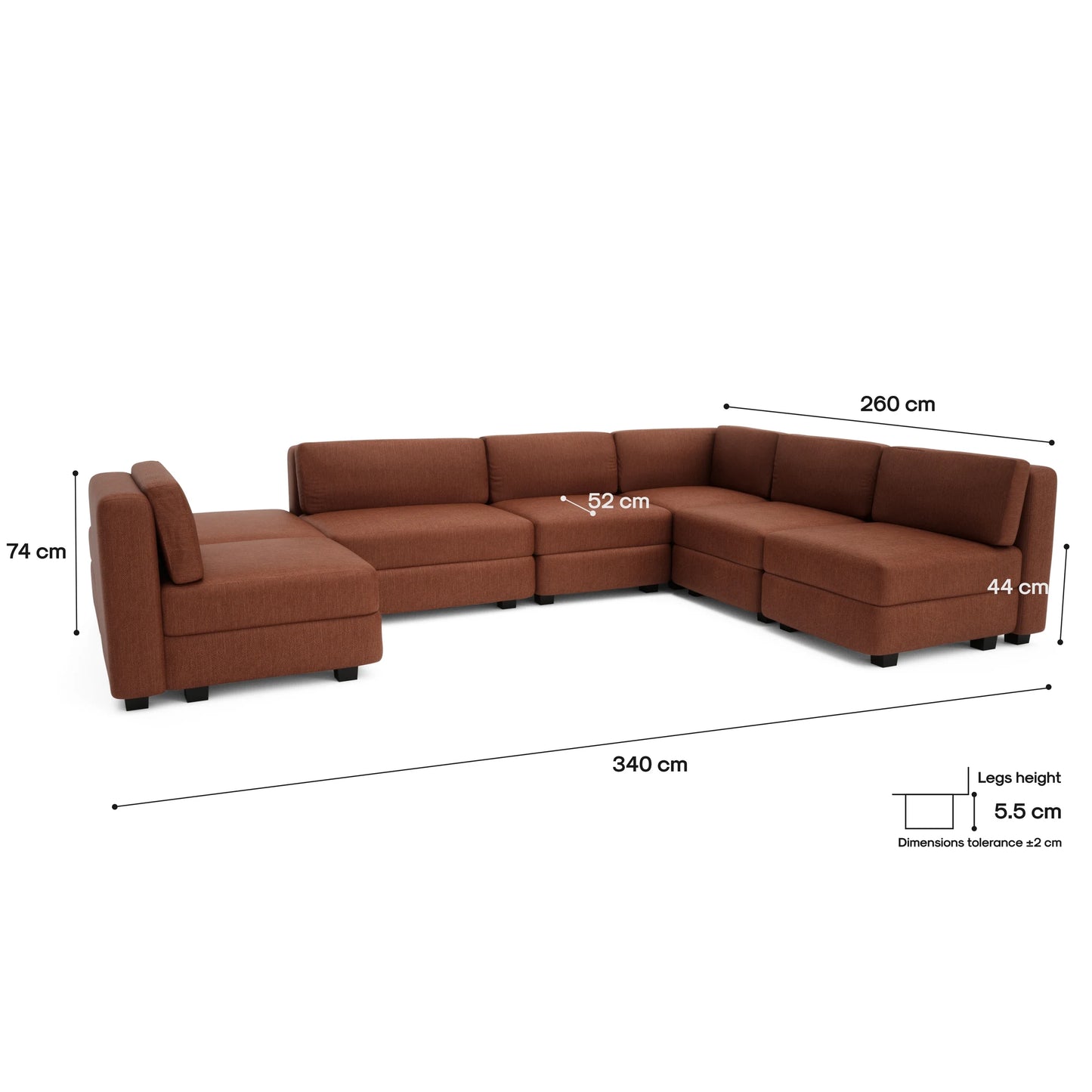 Modular Sofa GRACIA - U-shaped 160 x 340 x 230 cm - Terracotta