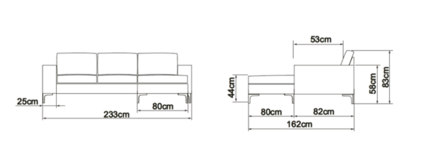 Technical drawing of a sofa with dimensions labeled