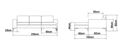 Technical drawing of a sofa with dimensions labeled