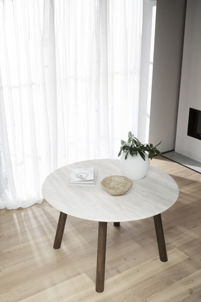 Rowico TARANSAY Round Table, Beige Travertine Top, Brown Legs Ø 125 CM