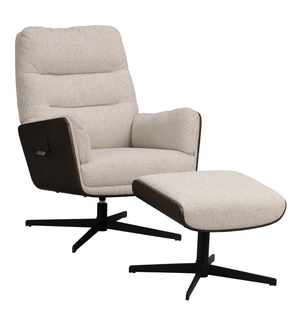 Broderick Swivel Recliner with Footstool – Light Beige / Brown Oak