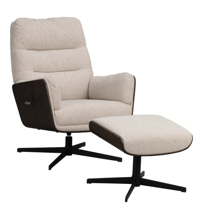 Broderick Swivel Recliner with Footstool – Light Beige / Brown Oak