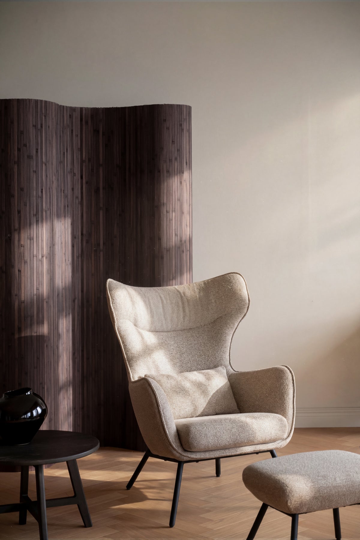 Calvert Lounge Chair with Footstool – Medium Beige – room setting