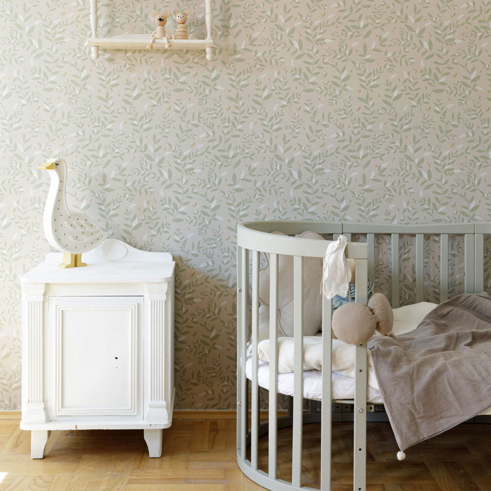 Delicate Twigs with Green and Beige Wallpaper