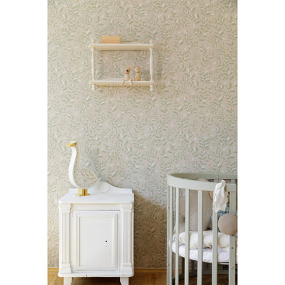 Delicate Twigs with Green and Beige Wallpaper