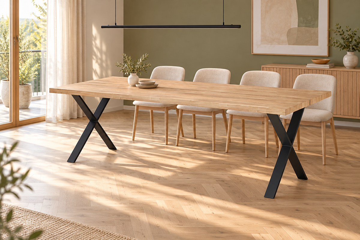 ELEGANCE Plank Table with X-Legs 240CM in a dining room