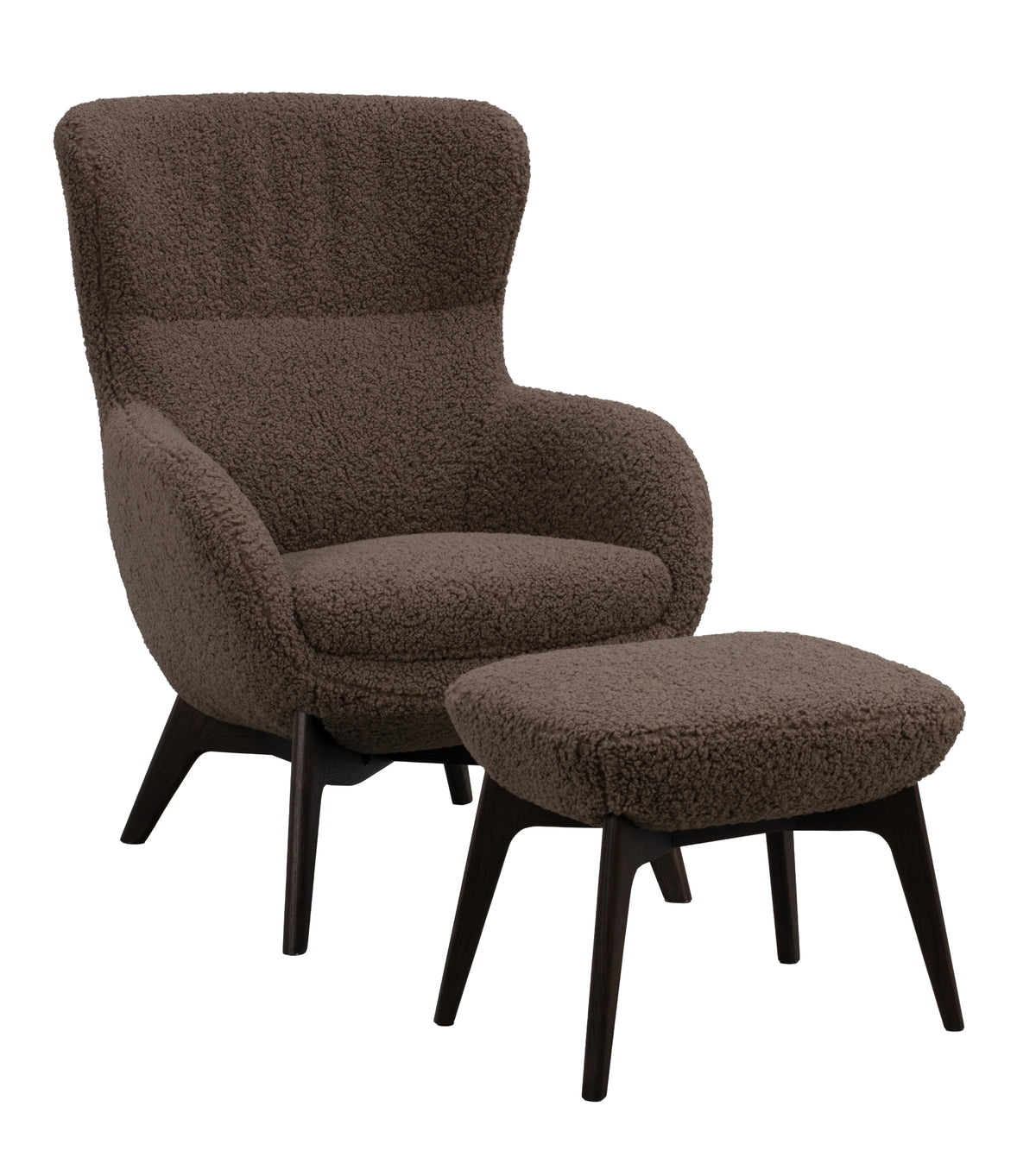 Dunbrody Lounge Chair with Footstool – Grey Beige Faux Sheepskin / Brown Oak