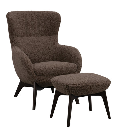 Dunbrody Lounge Chair with Footstool – Grey Beige Faux Sheepskin / Brown Oak