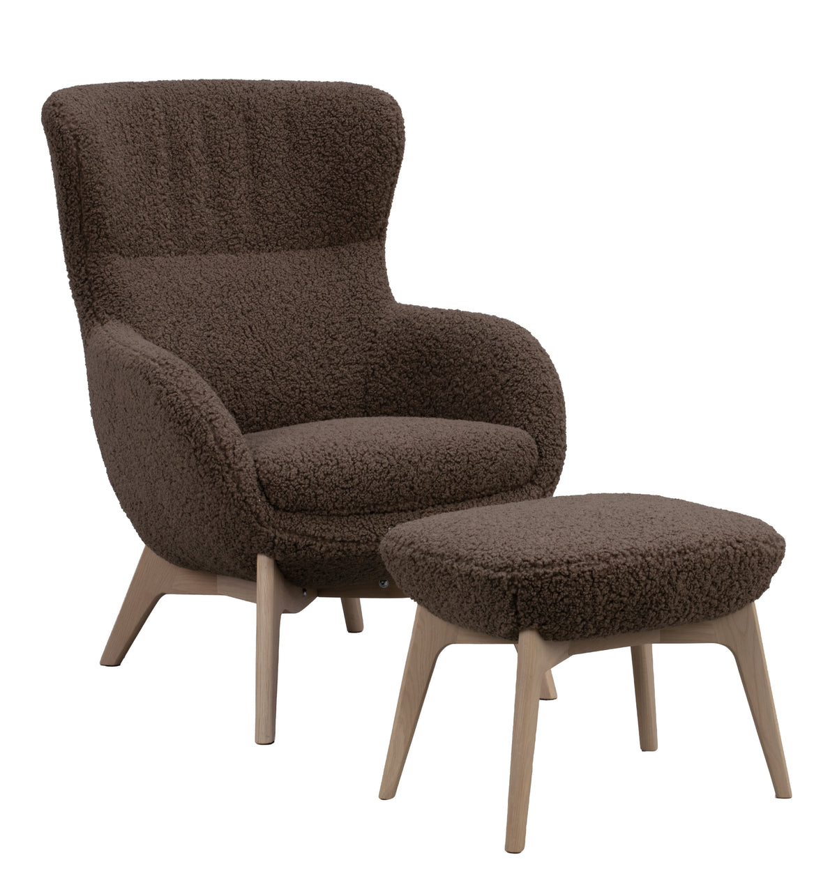 Dunbrody Lounge Chair with Footstool – Grey Beige Faux Sheepskin / Whitewash Oak