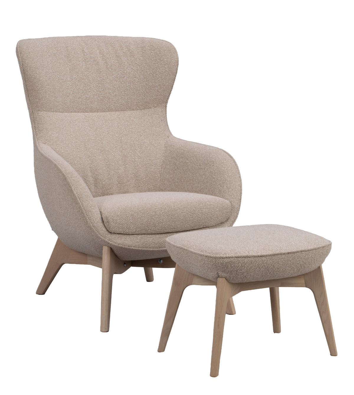 Dunbrody Lounge Chair with Footstool – Light Beige Fabric / Whitewash Oak