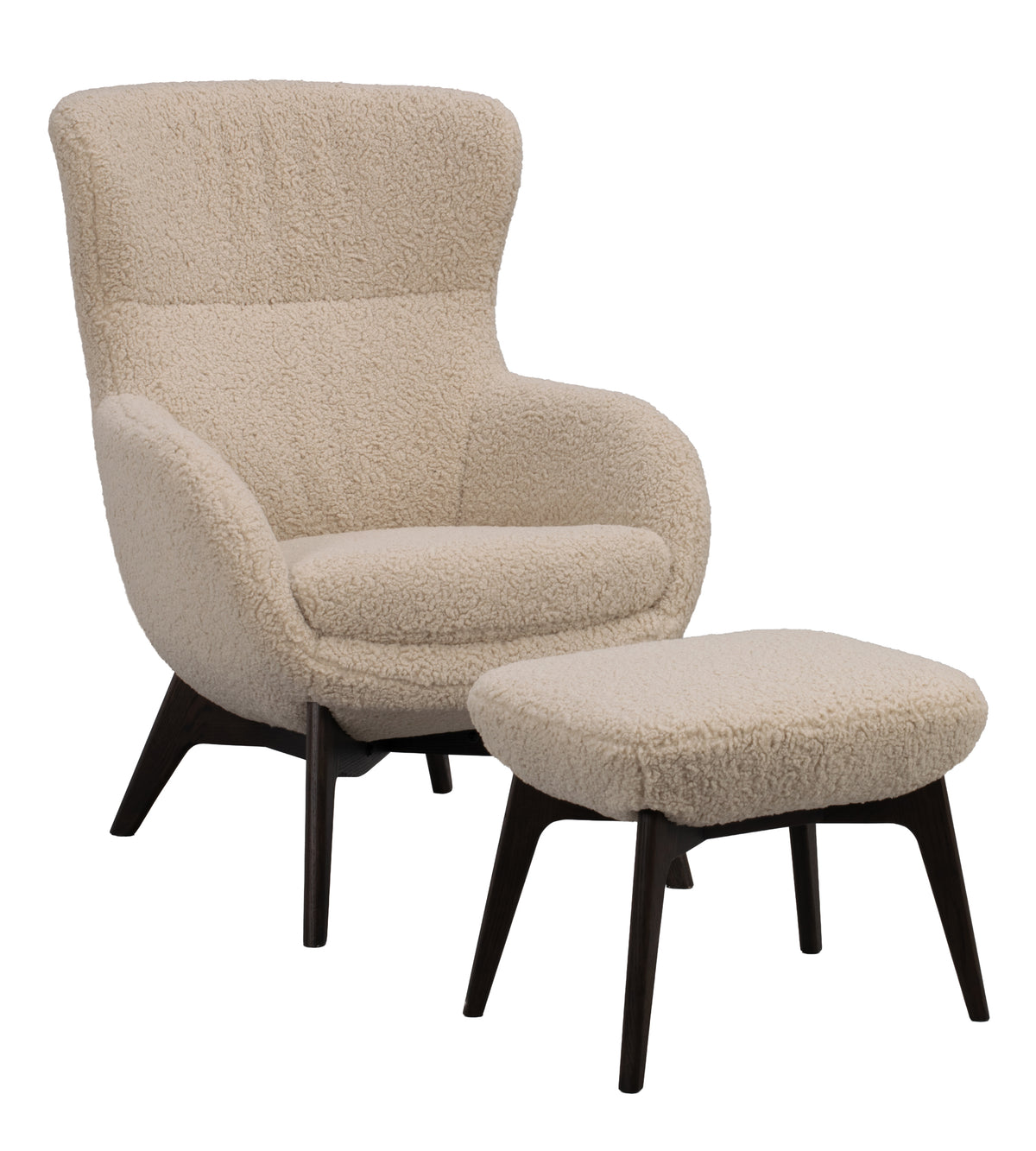 Dunbrody Lounge Chair with Footstool – Light Beige Faux Sheepskin / Brown Oak