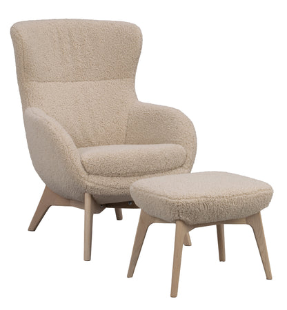 Dunbrody Lounge Chair with Footstool – Light Beige Faux Sheepskin / Whitewash Oak