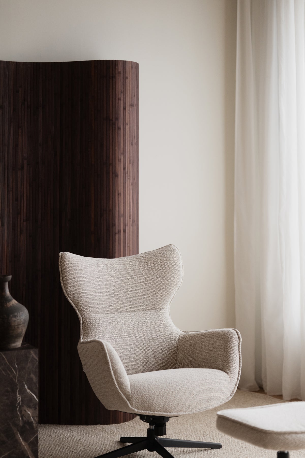 Jenkins Swivel Lounge Chair with Footstool – Beige – room setting