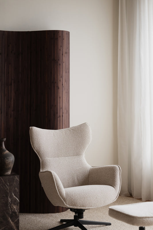 Jenkins Swivel Lounge Chair with Footstool – Beige – room setting