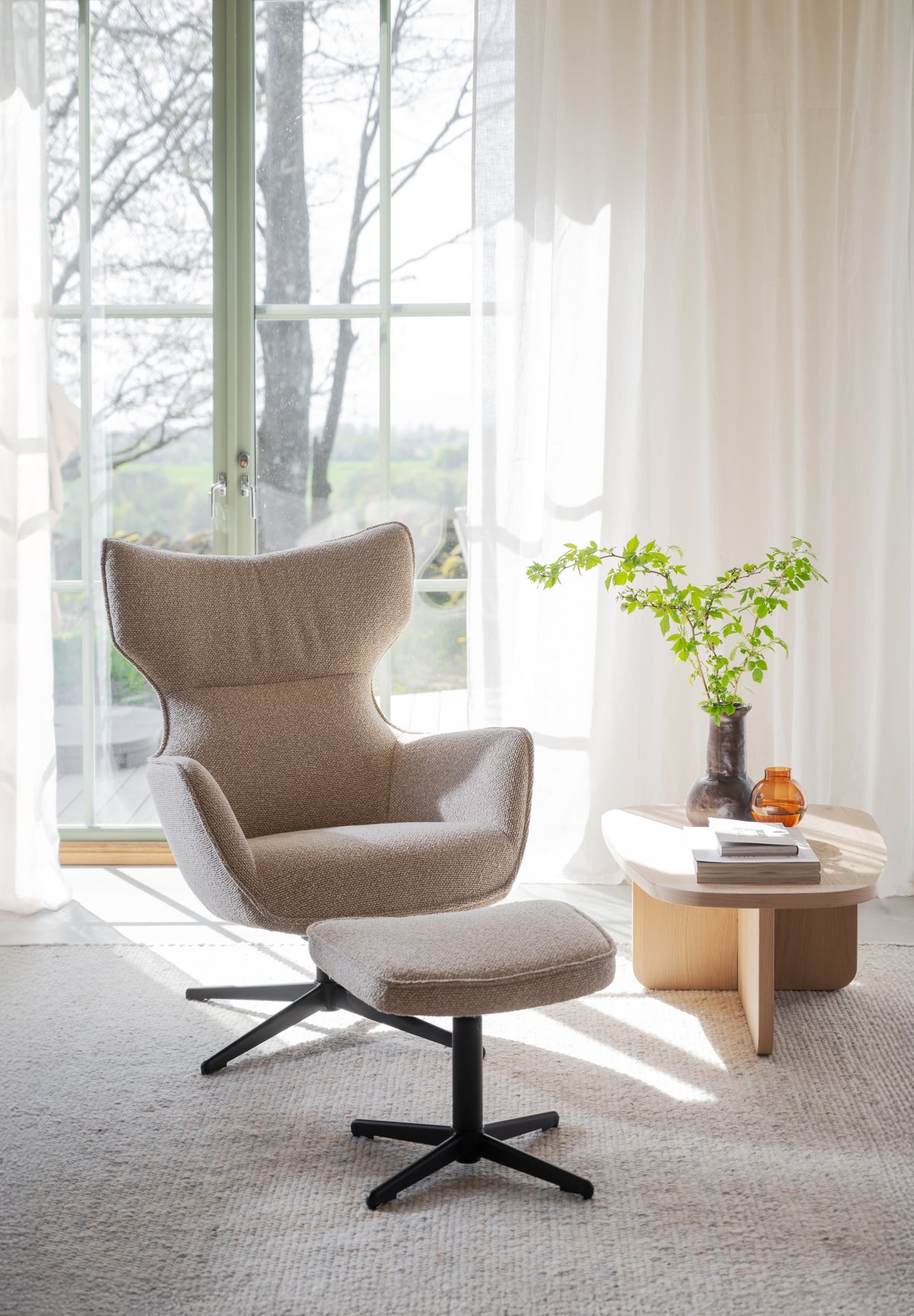 Jenkins Swivel Lounge Chair with Footstool – Beige
