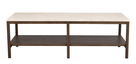 Orwel Travertine Coffee Table 140 x 60 cm – Beige Travertine / Brown Oak