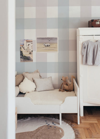 Provence check beige blue medium Wallpaper